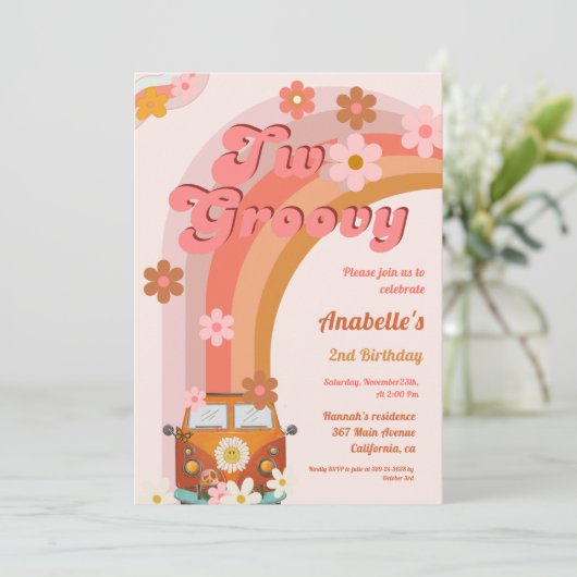 レトロ2グルービーデイジーフラワーバースデーパーティー 招待状 (スタンド正面)