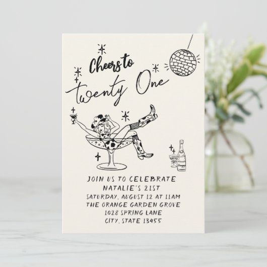 レトロ21手描き女性のカーボーイ沿岸おもしろい誕生日 招待状 (スタンド正面)