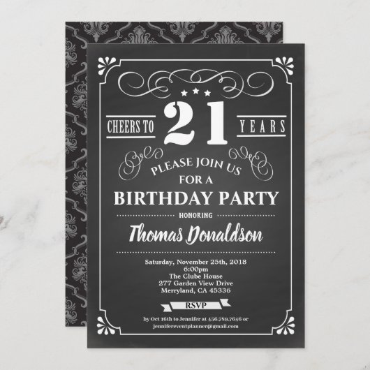 レトロ21歳誕生日招待状。黒板ヴィンテージ 招待状 (正面/裏面)