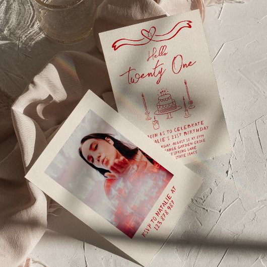 レトロ21st Cake Hello Twentoneフォト誕生日 招待状