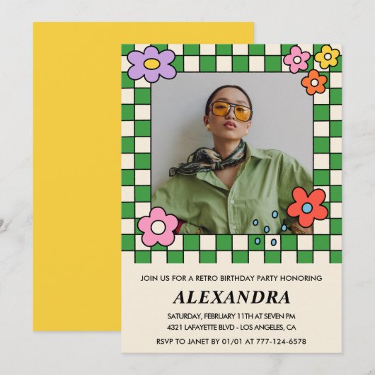 レトロ29歳の誕生日招待状Groovy花 招待状 (正面/裏面)