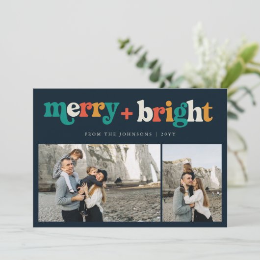 レトロ3カラフル写真メリーと明るいクリスマス シーズンカード (スタンド正面)