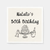 レトロ30th手描きケーキシャンパンおもしろい誕生日 スタンダードカクテルナプキン (正面)