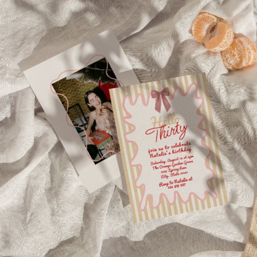 レトロ30th Bow Hello Thirtyフォトモダン誕生日 招待状