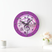 レトロ3D効果のピンクの音符 ラージ壁時計 (ホーム)