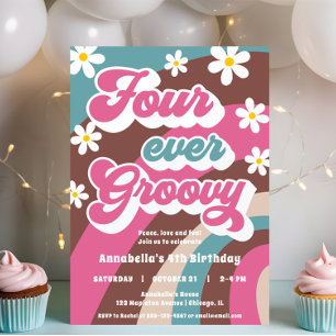 レトロ4歳の誕生日FOUR ever groovy girl 招待状