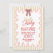 レトロ40周年手描きボウ　ハローフォーティー誕生日 招待状 (正面)