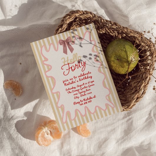 レトロ40周年手描きボウ　ハローフォーティー誕生日 招待状