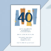 レトロ40thバースデーミッドセンチュリーモダンブルー 招待状