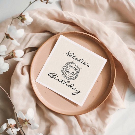 レトロ40th手描きケーキ4おもしろい誕生日 スタンダードカクテルナプキン