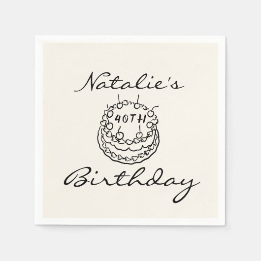 レトロ40th手描きケーキ4おもしろい誕生日 スタンダードカクテルナプキン (正面)