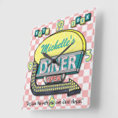 レトロ50のダイナーサインピンクティール(緑がかった色)名パーソナライズされた スクエア壁時計 (傾斜)