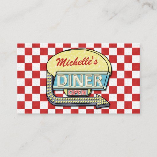 レトロ50のダイナーサインレッドレスト市松模様にラン 名刺 (正面)