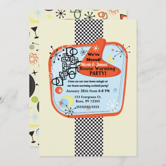レトロ50の60のヴィンテージ引っ越し祝いパーティーパーティー 招待状 (正面/裏面)