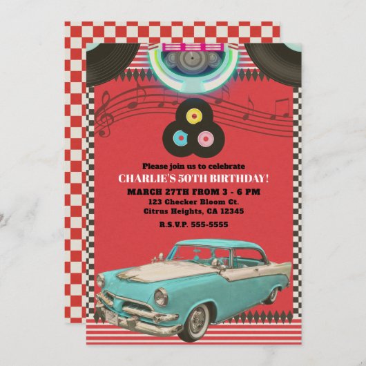 レトロ50クラシックヴィンテージ車50の50パーティー 招待状 (正面/裏面)