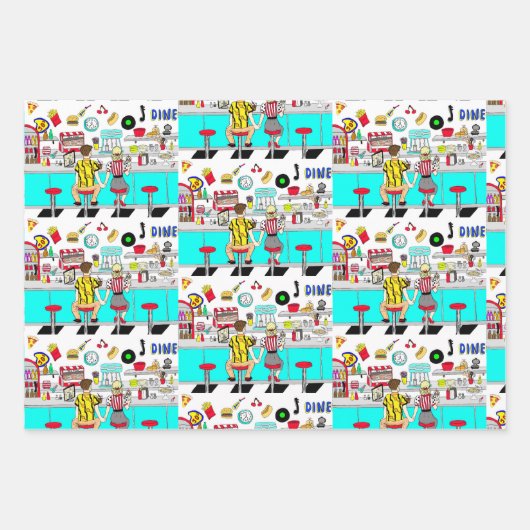 レトロ50ズディナーノスタルジック誕生日 ラッピングペーパーシート (正面3)