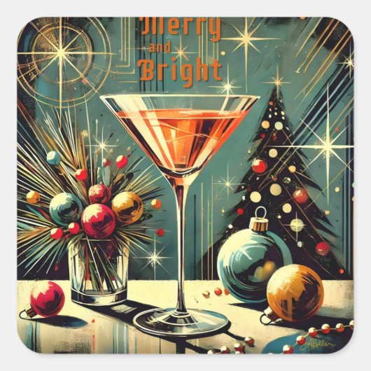 レトロ50メリーs & Bright Christmas Martini スクエアシール (正面)