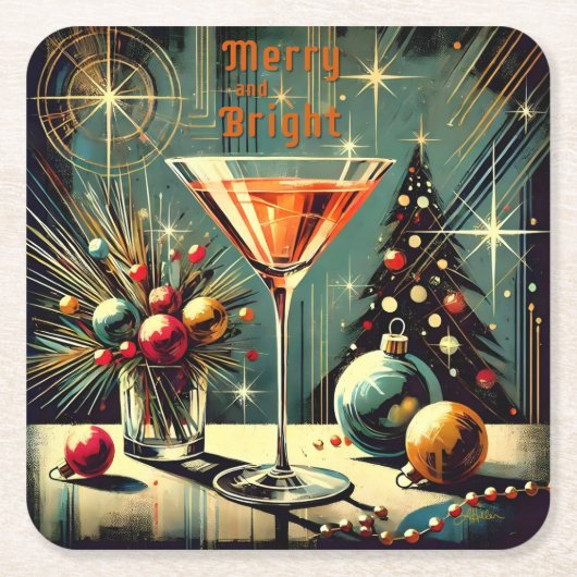 レトロ50メリーs & Bright Christmas Martini スクエアペーパーコースター (正面)
