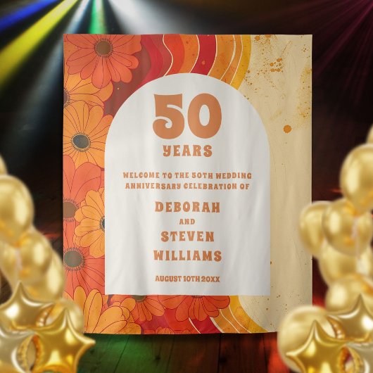 レトロ50周年記念結婚フォトブース背景 タペストリー