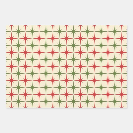 レトロ50年代アトミック時代のクリスマススターバストパターン ラッピングペーパーシート (正面)