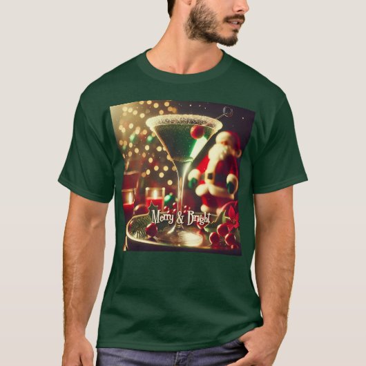 レトロ50年代サンタクリスマスグリーンマティーニ Tシャツ (正面)