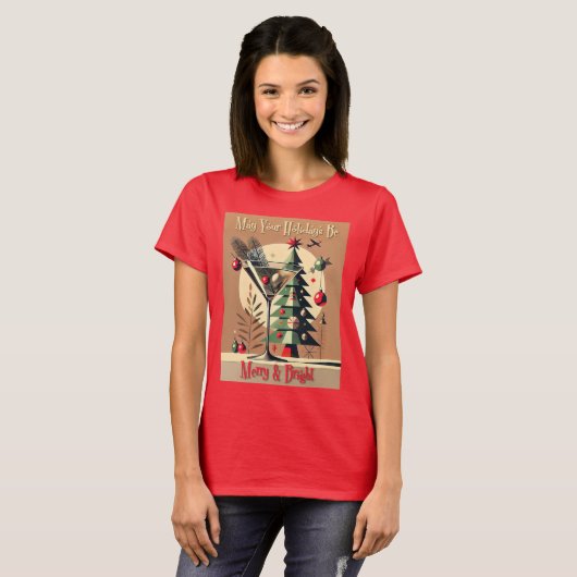 レトロ50年代ジェットセットクリスマスツリーマティーニ Tシャツ (正面フル)