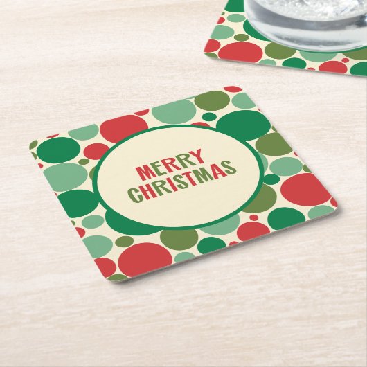 レトロ50年代ミッドセンチュリー点々のあるメリークリスマス スクエアペーパーコースター (アングル)