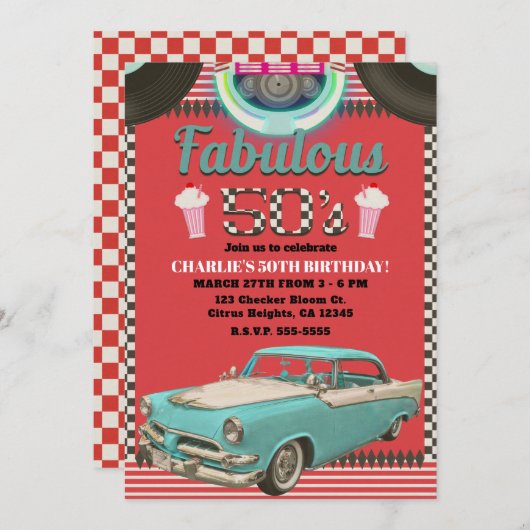 レトロ50年代 ヴィンテージ クラシックカー 50's パーティー 招待状 (正面/裏面)