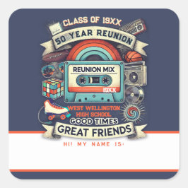 レトロ50年高等学校懇親会名札 – 青 スクエアシール