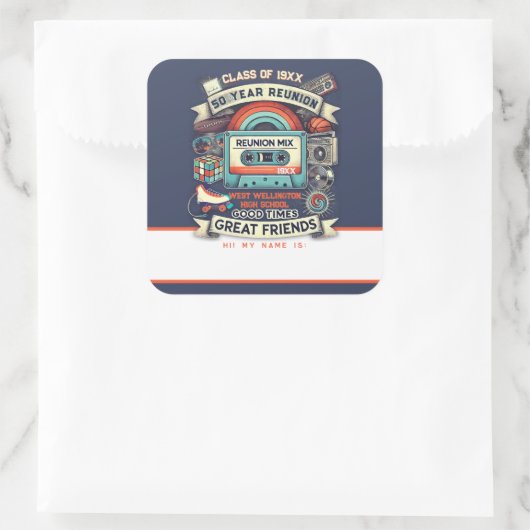 レトロ50年高等学校懇親会名札 – 青 スクエアシール (バッグ)