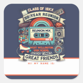 レトロ50年高等学校懇親会名札 – 青 スクエアシール