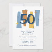 レトロ50歳の誕生日 ミッドセンチュリー モダン ブルー 招待状 (正面)