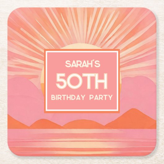 レトロ50歳誕生日 ピンクの夕日 紙コースター (正面)