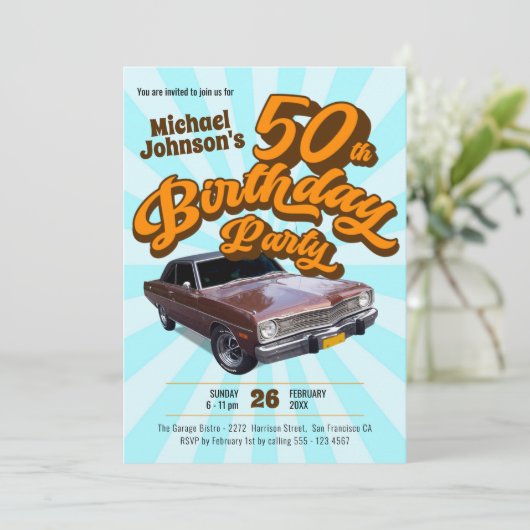レトロ50番目の誕生日ヴィンテージクラシック車のおもしろいパーティー 招待状 (スタンド正面)