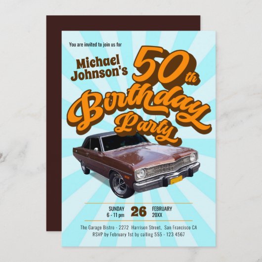 レトロ50番目の誕生日ヴィンテージクラシック車のおもしろいパーティー 招待状 (正面/裏面)