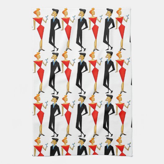 レトロ50sカップルレッドブラックカクテルパーティー キッチンタオル (縦)