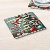 レトロ50sクランベリースノーフレーククリスマスマルティーニ スクエアペーパーコースター (アングル)