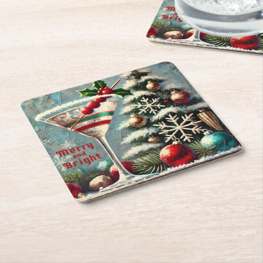 レトロ50sクランベリースノーフレーククリスマスマルティーニ スクエアペーパーコースター (アングル)