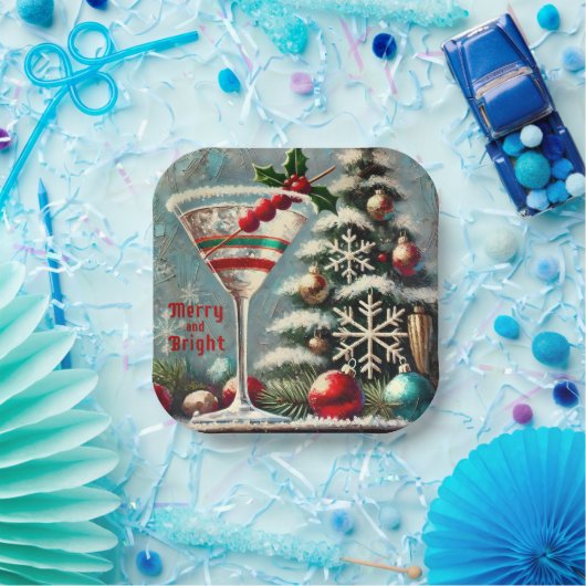 レトロ50sクランベリースノーフレーククリスマスマルティーニ ペーパープレート (パーティー)