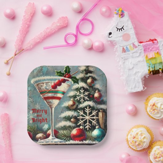 レトロ50sクランベリースノーフレーククリスマスマルティーニ ペーパープレート (パーティー)