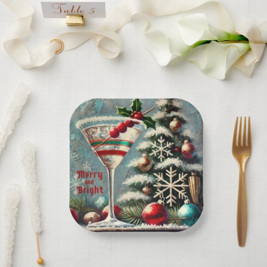レトロ50sクランベリースノーフレーククリスマスマルティーニ ペーパープレート (ウェディング)
