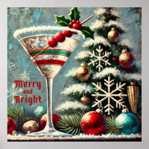 レトロ50sクランベリースノーフレーククリスマスマルティーニ ポスター