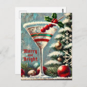 レトロ50sクランベリースノーフレーククリスマスマルティーニ ポストカード (正面/裏面)