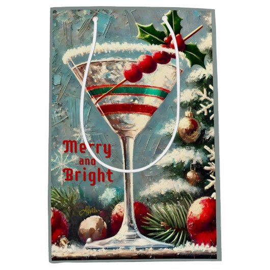 レトロ50sクランベリースノーフレーククリスマスマルティーニ ミディアムペーパーバッグ (正面)