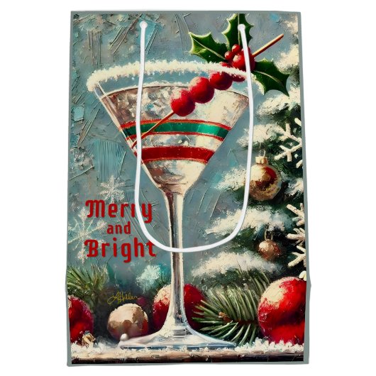 レトロ50sクランベリースノーフレーククリスマスマルティーニ ミディアムペーパーバッグ (裏面)