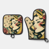 レトロ50sスタイルクレセントムーンレディ 鍋つかみ&鍋敷きセット (正面)