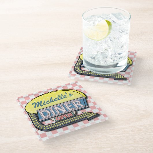 レトロ50sダイナーの印はあなた自身のカスタムを作成します ガラスコースター (アングル)