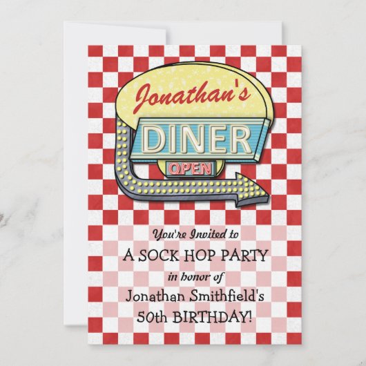 レトロ50sダイナーソックホップバースデーパーティーテーマ赤 招待状 (正面)
