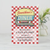レトロ50sダイナーソックホップバースデーパーティーテーマ赤 招待状 (スタンド正面)