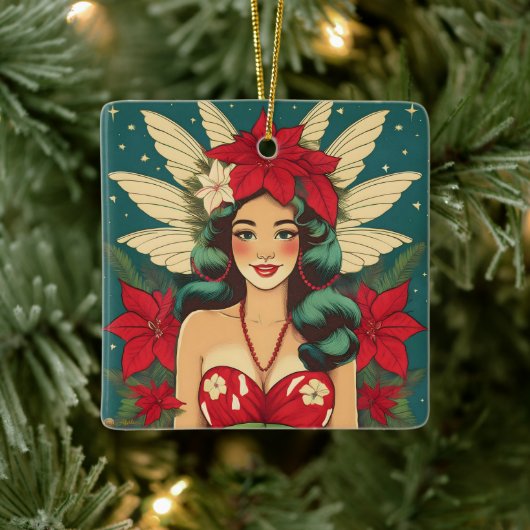 レトロ50sトロピカルクリスマスピンアップガール セラミックオーナメント (ツリー)